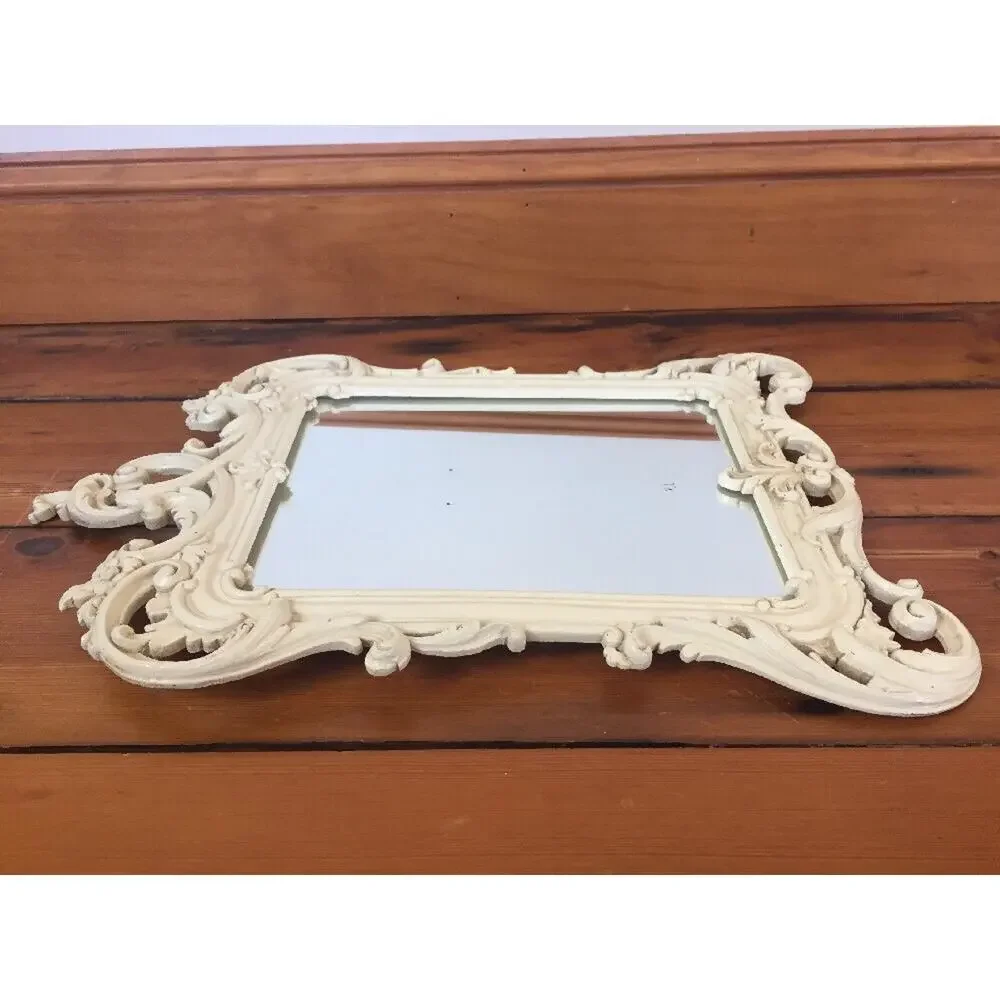 Vintage Syroco Wood Rectangular Filigree Ornamental White Wooden Wall Mirror 16